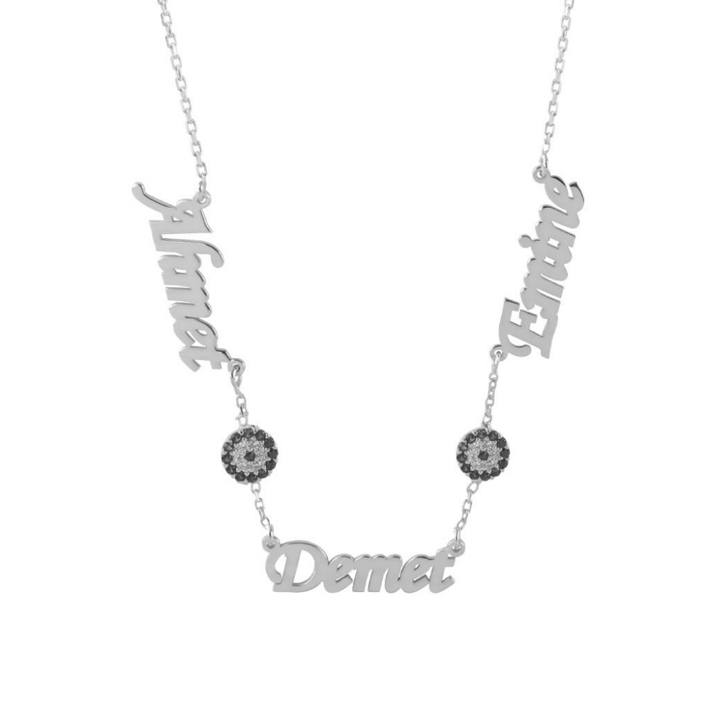 Glorria 925k Sterling Silver Personalized 3 Name Evil Eye Silver Necklace GLR543
