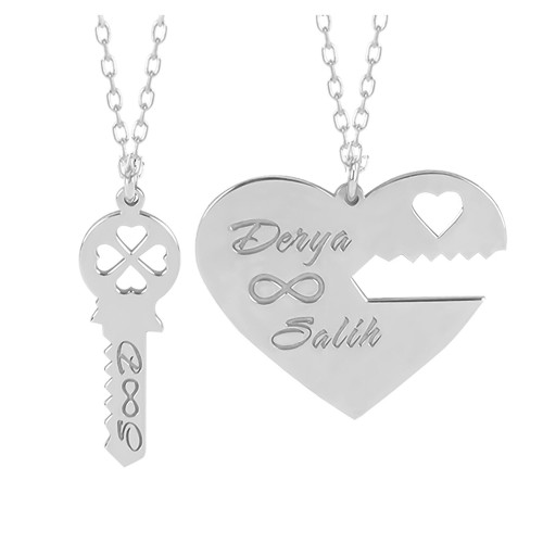 Glorria 925k Sterling Silver Personalized Name Key Heart Silver Necklace Glorria 925k Sterling Silver Personalized Name Key Heart Silver Necklace