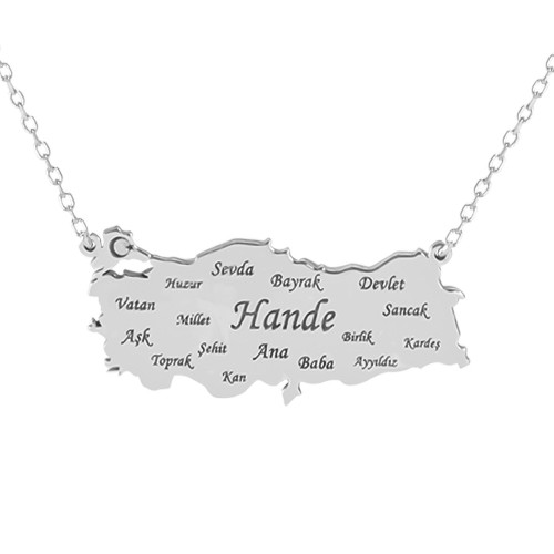 Glorria 925k Sterling Silver Personalized Name Turkey Map Silver Necklace Glorria 925k Sterling Silver Personalized Name Turkey Map Silver Necklace
