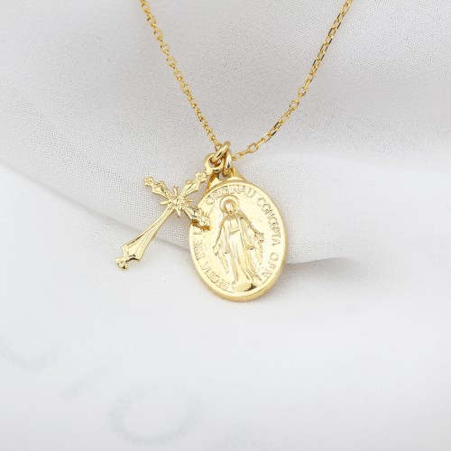 Glorria 925k Sterling Silver Cross and Virgin Mary Necklace