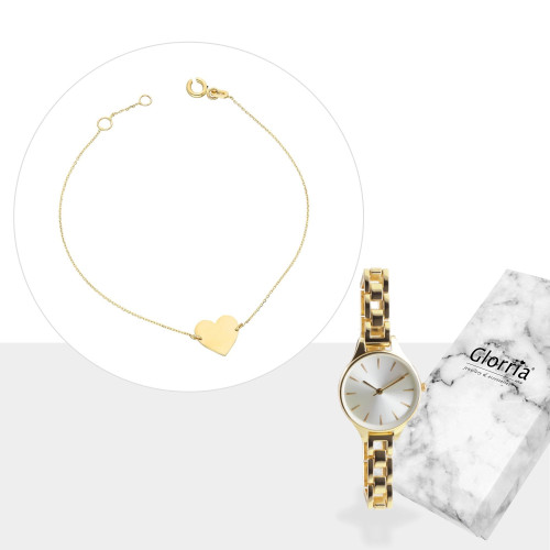 Glorria 14k Solid Gold Heart Bracelet, Watch Gift Set Glorria 14k Solid Gold Heart Bracelet, Watch Gift Set