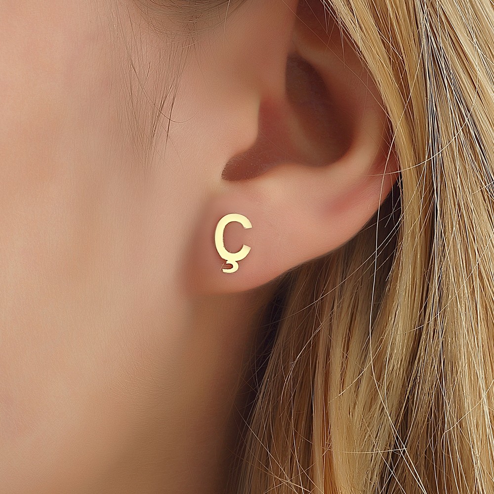 Glorria 14k Solid Gold Ç Letter Earring