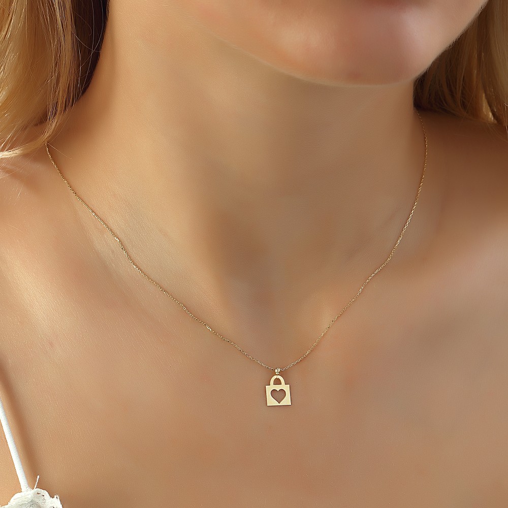 Glorria 14k Solid Gold Heart Lock Necklace