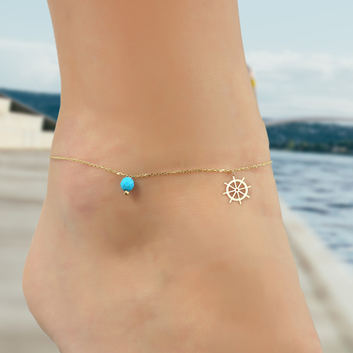 Glorria 14k Solid Gold Turquoise Stone Helm Anklet Glorria 14k Solid Gold Turquoise Stone Helm Anklet