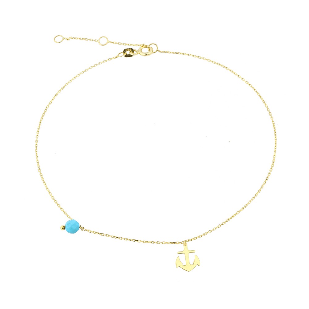 Glorria 14k Solid Gold Turquoise Stone Anchor Anklet