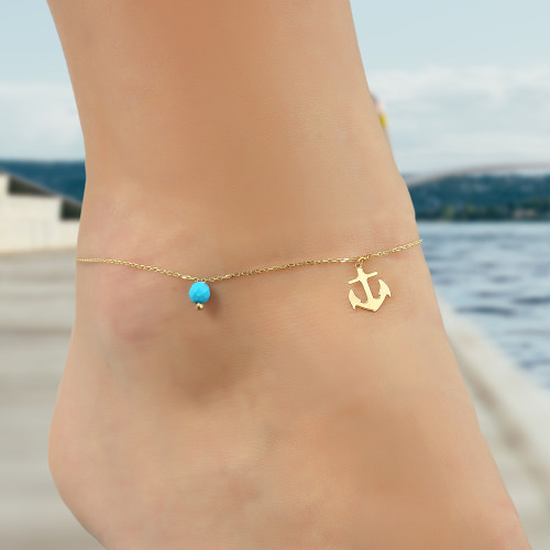 Glorria 14k Solid Gold Turquoise Stone Anchor Anklet Glorria 14k Solid Gold Turquoise Stone Anchor Anklet