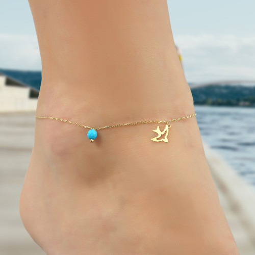 Glorria 14k Solid Gold Turquoise Stone Bird Anklet Glorria 14k Solid Gold Turquoise Stone Bird Anklet