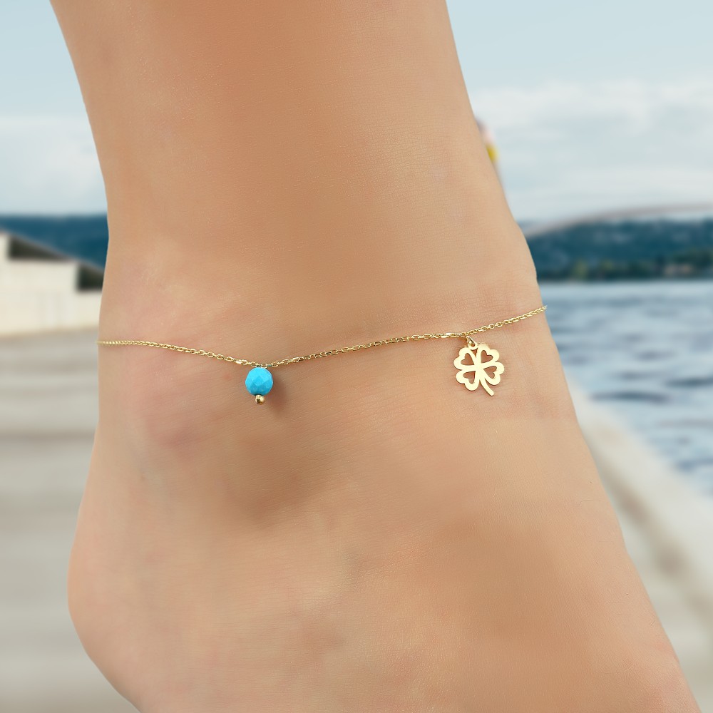 Glorria 14k Solid Gold Turquoise Stone Clover Anklet