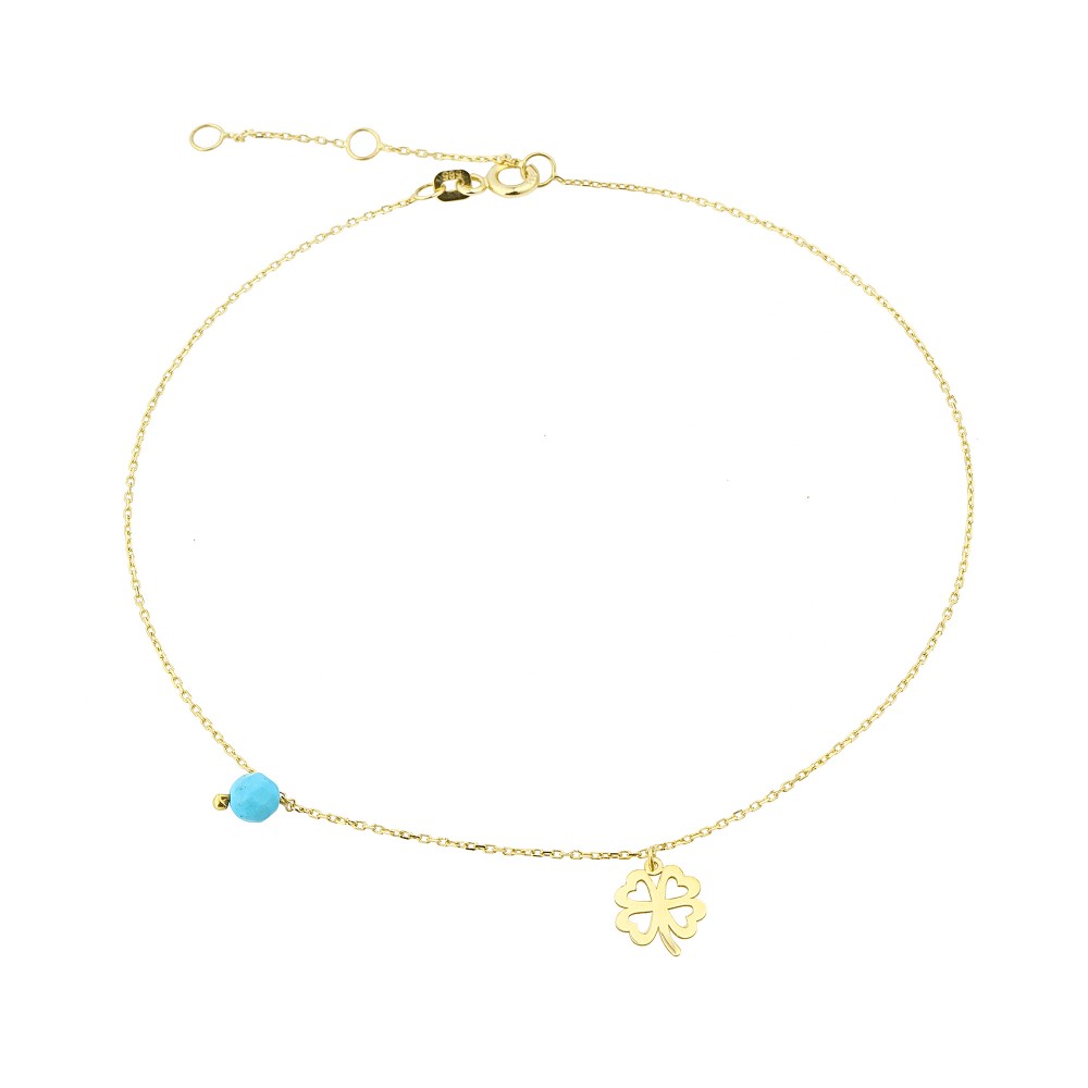 Glorria 14k Solid Gold Turquoise Stone Clover Anklet
