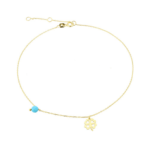 Glorria 14k Solid Gold Turquoise Stone Clover Anklet Glorria 14k Solid Gold Turquoise Stone Clover Anklet