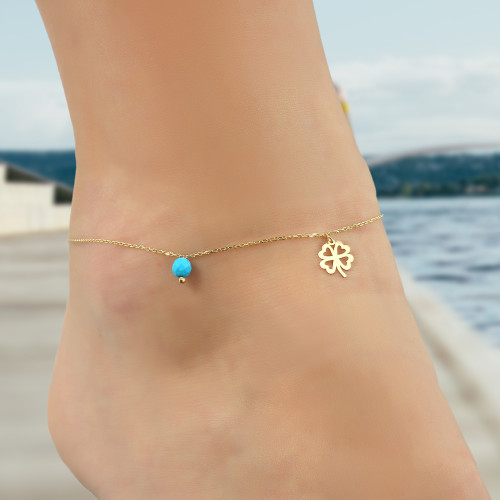 Glorria 14k Solid Gold Turquoise Stone Clover Anklet Glorria 14k Solid Gold Turquoise Stone Clover Anklet