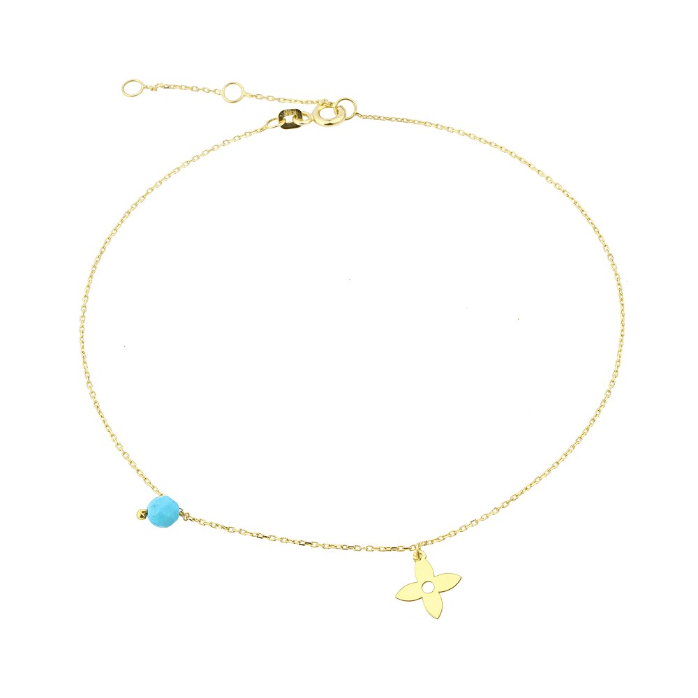 Glorria 14k Solid Gold Turquoise Stone Flower Anklet