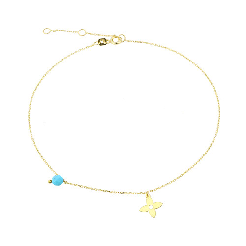 Glorria 14k Solid Gold Turquoise Stone Flower Anklet Glorria 14k Solid Gold Turquoise Stone Flower Anklet