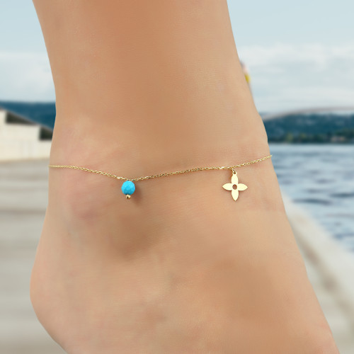Glorria 14k Solid Gold Turquoise Stone Flower Anklet Glorria 14k Solid Gold Turquoise Stone Flower Anklet
