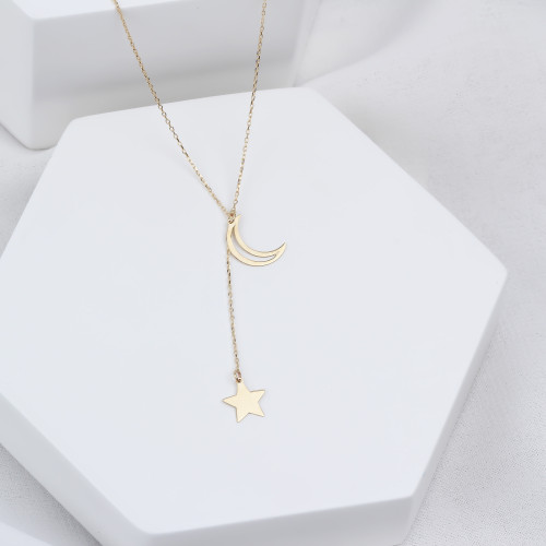 Glorria 14k Solid Gold Moon Star Necklace Glorria 14k Solid Gold Moon Star Necklace