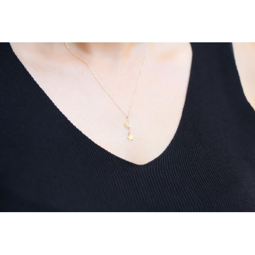 Glorria 14k Solid Gold Moon Star Necklace Glorria 14k Solid Gold Moon Star Necklace