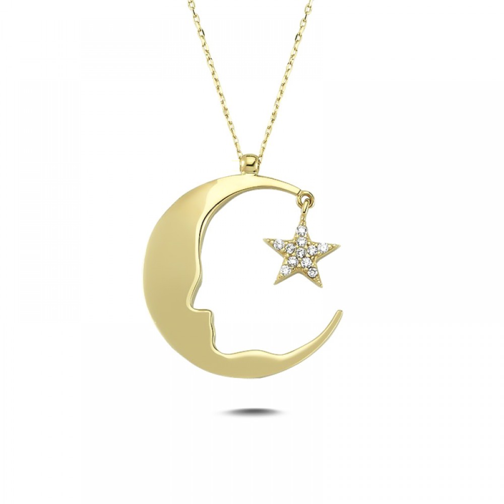 Glorria 14k Solid Gold Atatürk Silhouette Star and Crescent Necklace