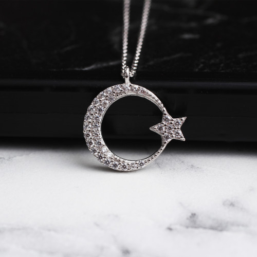 Glorria 925k Sterling Silver Crescent And Star Necklace Glorria 925k Sterling Silver Crescent And Star Necklace