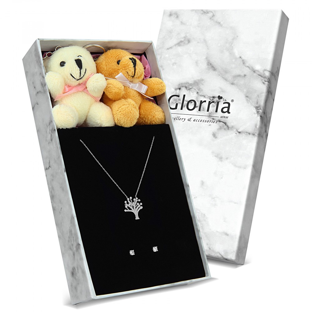 Glorria 925k Sterling Silver Tree of Life Necklace, Solitaire Earrings Gift Set