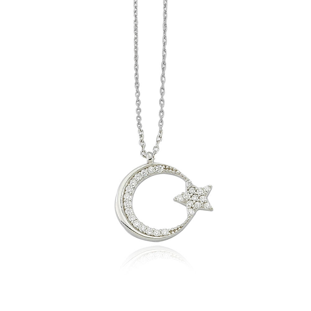 Glorria 925k Sterling Silver Crescent And Star Necklace