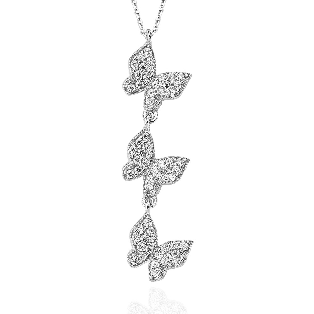 Glorria 925k Sterling Silver Three Butterfly Necklace, Solitaire Earrings Gift Set
